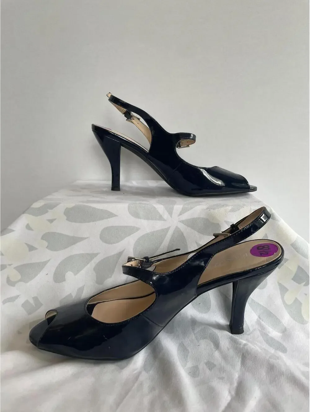 Franco Sarto Size US 8.5 Navy Patent Leather Peep Toe Stiletto Heel Dress Shoe